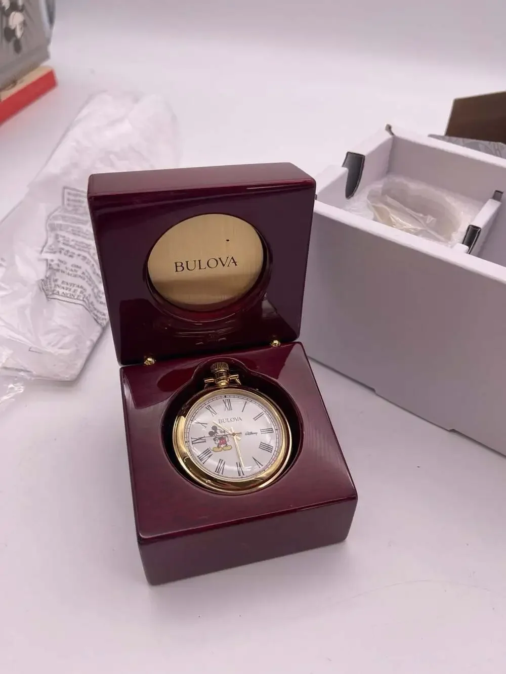 Bulova Disney Mickey Mouse Gold-Tone Pocket Watch with Mahogany Presentation Cas